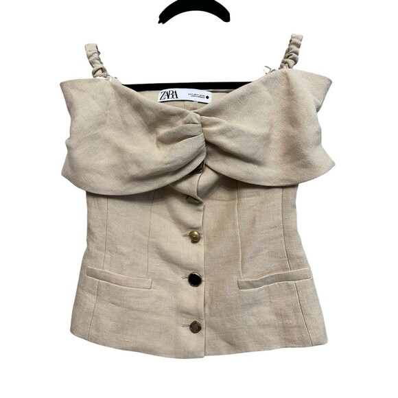 Zara Off Shoulder Viral Linen Blend Top Blazer Funky Buttons US S Beige - Picture 5 of 8